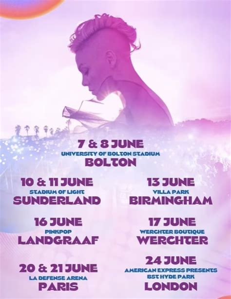Pink official website tour dates - Global music icon P!NK will perform back-to-back shows at Tottenham Hotspur Stadium in 2024 - Saturday 15 and Sunday 16 June - as part of her spectacular Summer Carnival World Tour.. P!NK joins a host of world-renowned artists to perform at London’s newest sport, leisure and entertainment destination, …